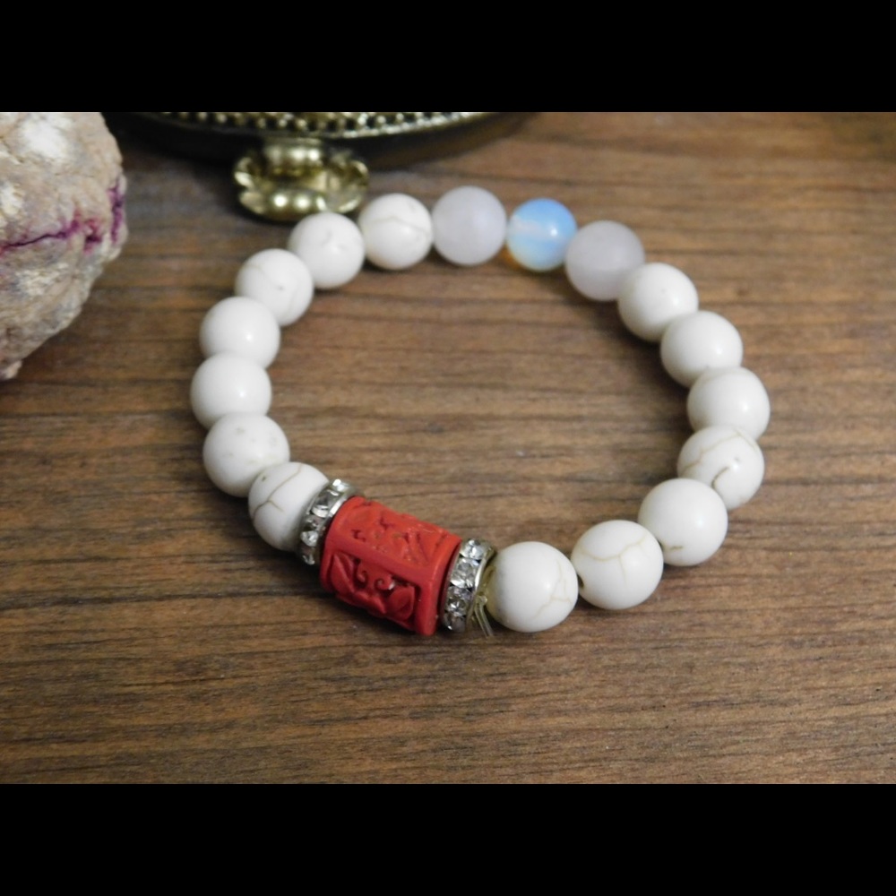 Howlite & Moonstone Bracelet with Cinnabar Spacer